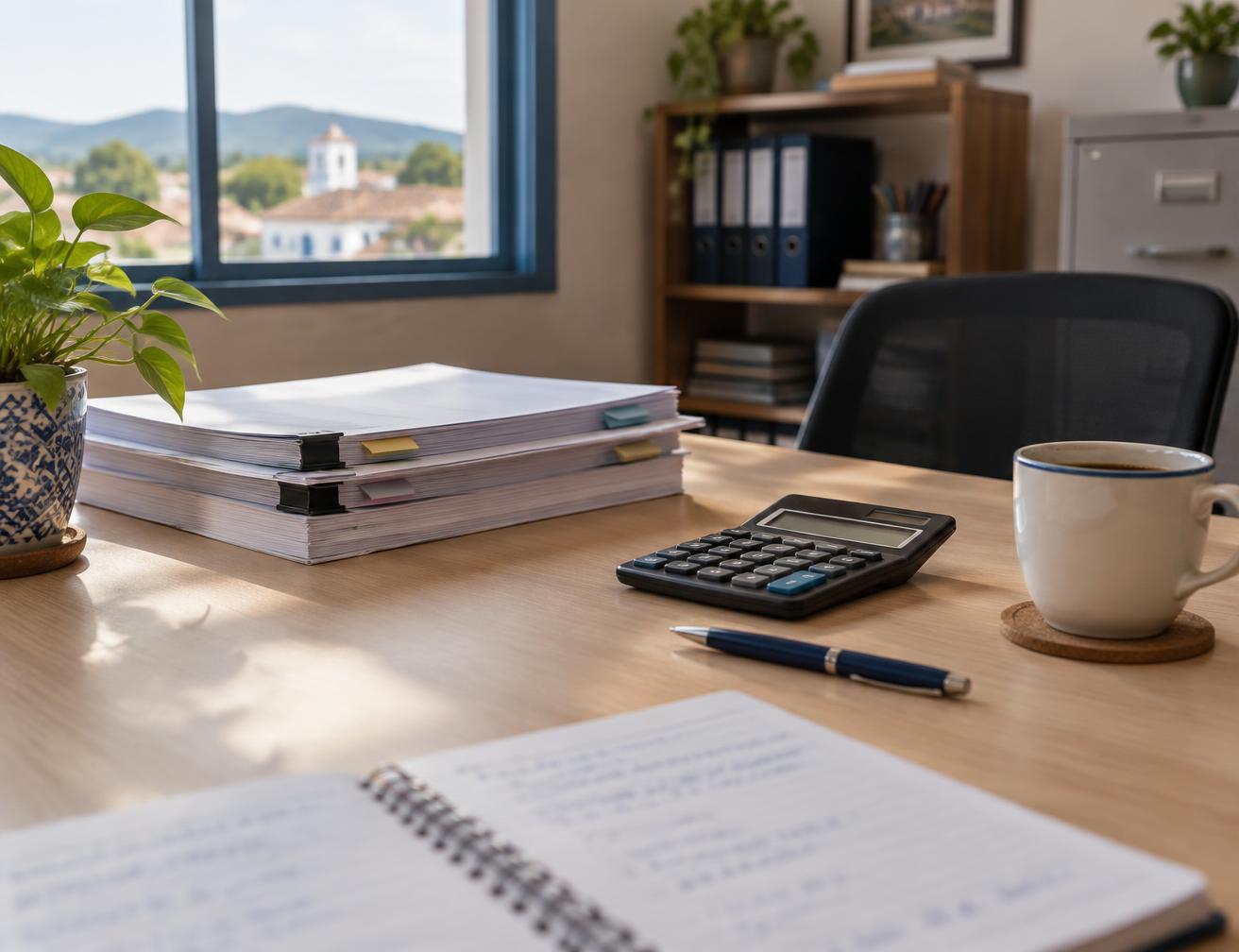 Mesa de escritório com documentos organizados, calculadora, caderno e uma planta